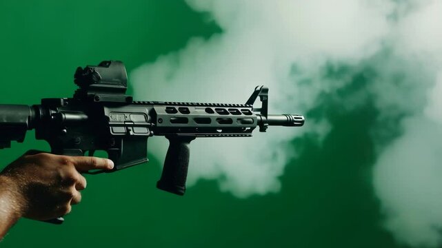 Assault rifle fired on green screen with smoke effect footage