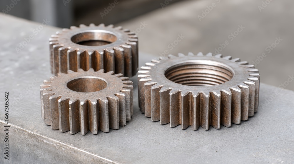 Poster trio of interlocking gears with worn textures showcased on a scratched metal surface, presenting a f