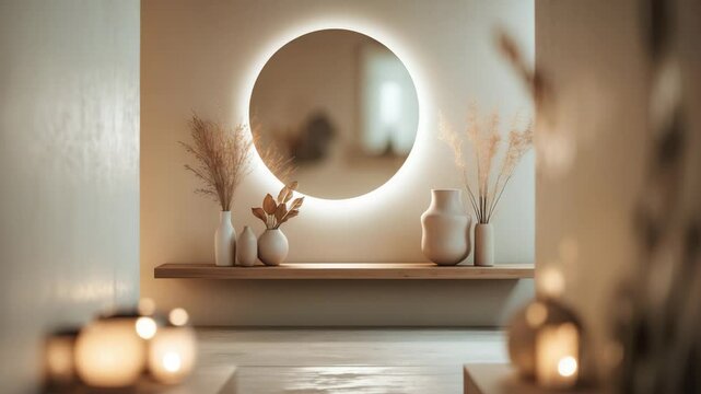 Hazy background of a welcoming minimalist entryway displays a chic console table, round mirror, and natural decorations.