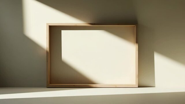 Minimalistic wooden frame on a wall. Flat lay design. Basic organic wooden frame.