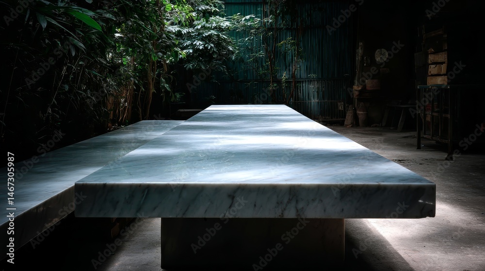 Aufkleber A white-veined marble table elegantly stands in a tranquil setting, surrounded by greenery and soft light that casts inviting shadows