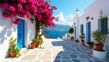 Sun-drenched whitewashed village, vibrant bougainvillea , Andalusia, houses