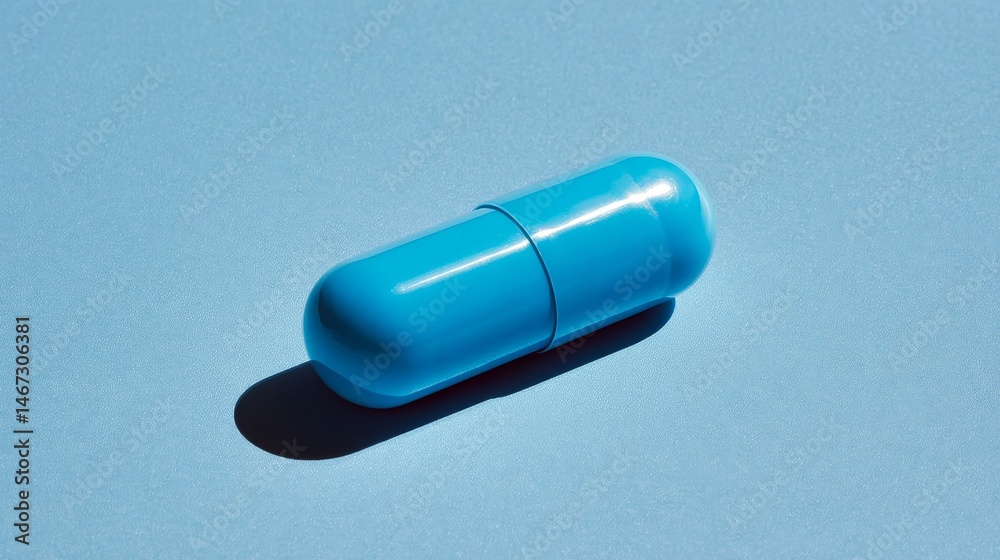 Poster A pastel blue capsule rests on a smooth blue surface, creating a clean and minimalist look with a soft shadow and ample copy space for text
