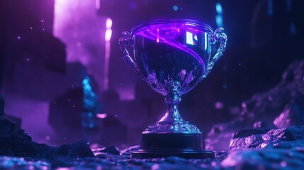 Futuristic silver trophy glowing with purple neon light on dark, rocky surface.