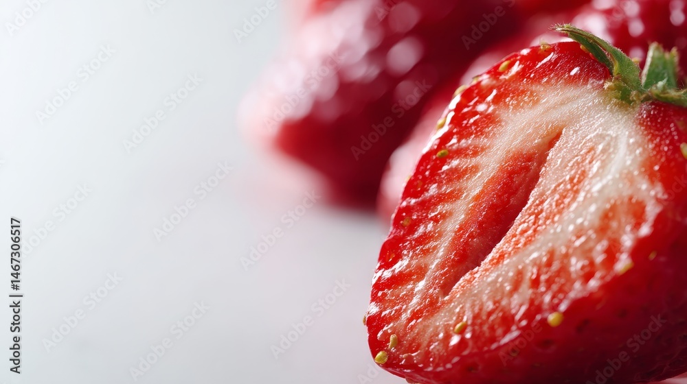 Poster Close-up view showcases the internal structure of a ripe strawberry with seeds, highlighting its vibrant color and texture in soft ambient light