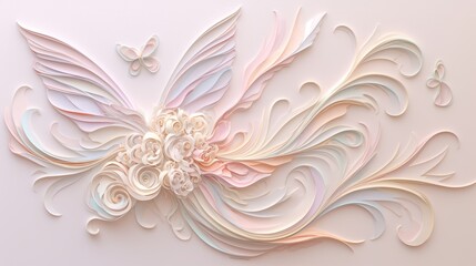 3D quilling paper art butterfly sculpture with intricate swirls, delicate pastel decor in soft pink and beige tones.
