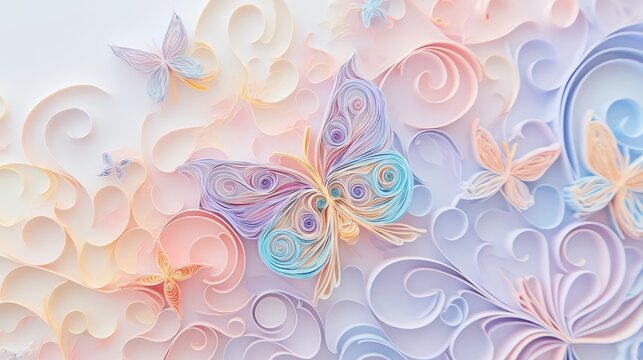3D quilling paper art butterfly sculpture with intricate swirls, delicate pastel decor in soft pink and beige tones.