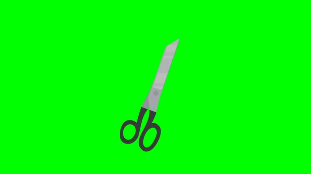 Appearance of a yellow police demarcation tape "do not cross" and its cutting by scissors coming from below in front of green screen with alpha channel (flat design)