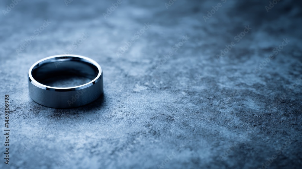 Poster A smooth titanium ring rests on a dark surface, softly illuminated with a pulsing light, creating gentle reflections around its edges and ample copy space
