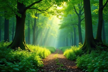 Obraz premium Serene forest background, lush green canopy, dappled sunlight, peaceful nature scene , fern, wildlife, outdoor