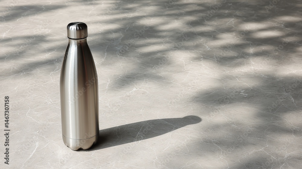 Poster a sleek stainless steel bottle rests on a marble table, illuminated by golden hour light, with soft 