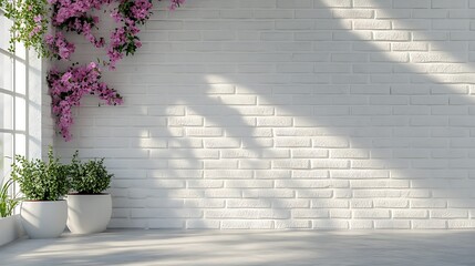 Interior with Potted Plants and Pink Flowers against White Brick Wall in Sunlight