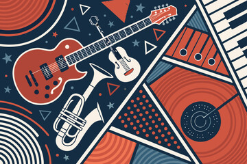 Create a bold, abstract vector graphic featuring fragmented musical instruments and notes, incorporating vibrant colors and dynamic shapes for a modern, energetic feel.
