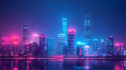 Vibrant Cyberpunk Metropolis: A Dazzling Skyline Reflecting on Tranquil Waters
