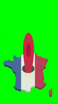 Appearance of the map of France in the colors of the French flag with a red map pin coming out of a hole to bounce, then disappear with the map on a green screen with alpha channel