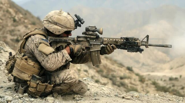 US Marine on Lookout Armed with Assault Rifle in Mountainous Terrain