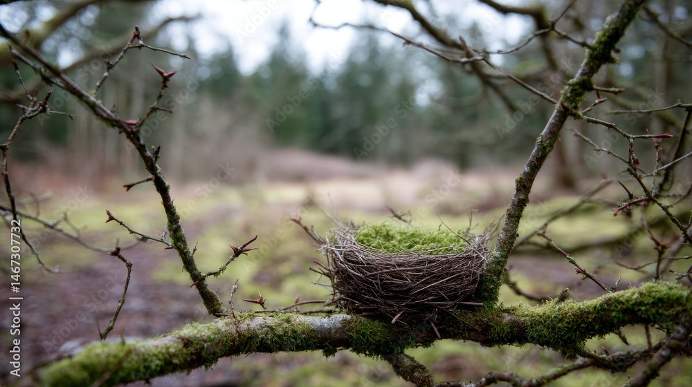 Poster A detailed wooden nest with feathers and dry moss is nestled between branches, surrounded by a softly blurred forest backdrop, creating a peaceful atmosphere