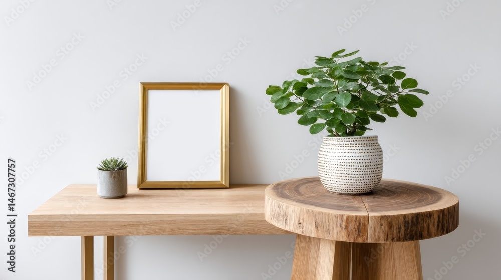 Leinwandbilder golden frame rests on a modern coffee table next to a leafy plant and simple decor, creating a seren