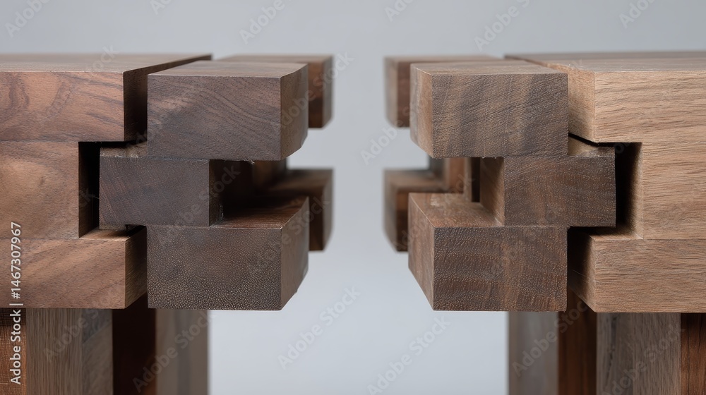 Poster geometric frame structure composed of narrow walnut planks showcases symmetrical joints, positioned 