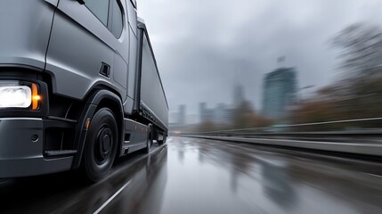 Heavy-duty truck navigating a wet city street on a rainy day