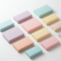 Pastel colored rectangular gift boxes neatly arranged on white background