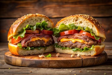 hamburger on a wooden table, burger