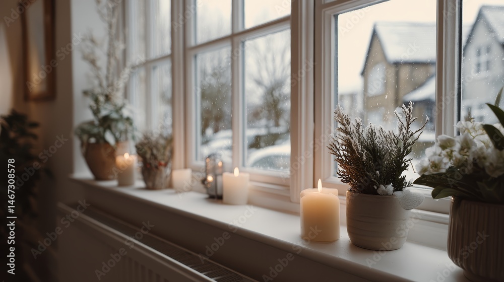 Poster Candles flicker softly on a windowsill, with frosted glass showcasing gentle snowfall outside, creating a serene and inviting ambiance in winter