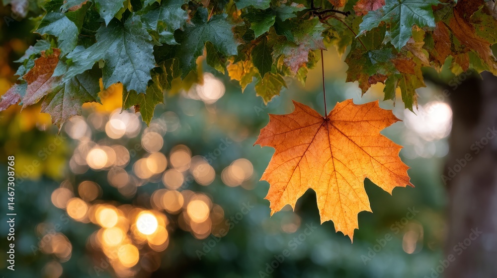 Poster A vibrant orange leaf hangs delicately, illuminated by the golden hour glow, as soft bokeh hues create a serene backdrop ripe for artistic use