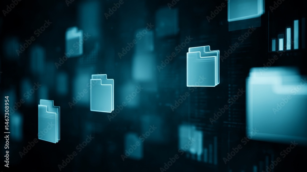 Fototapete Visual representation of a holographic digital interface featuring folder icons and floating document symbols on a dark background, highlighting data visualization