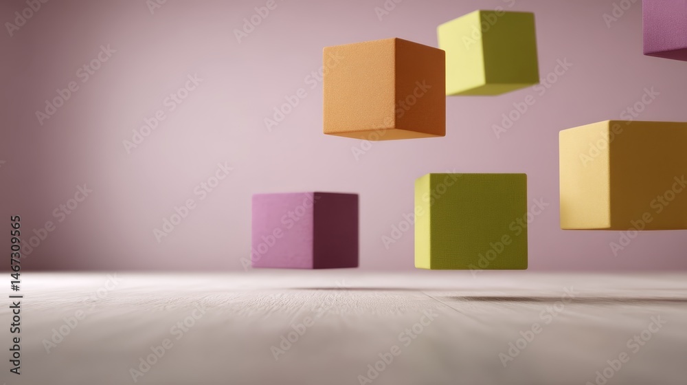 Poster Vibrant cubes of various sizes hover in mid-air over a gentle gradient backdrop, creating an abstract atmosphere perfect for design concepts and promotional materials