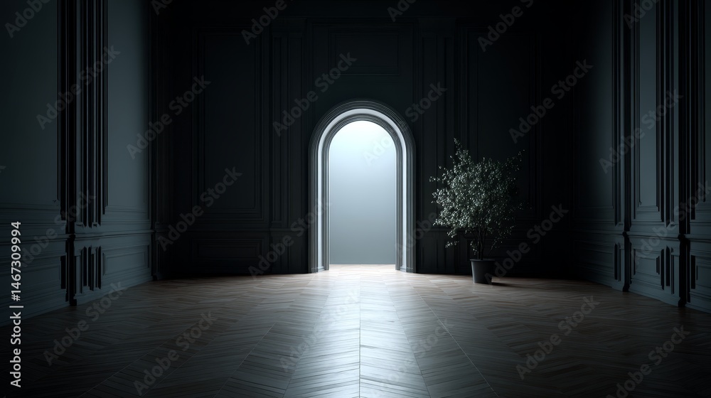 Poster bright light filters through an arched opening in a classic hallway adorned with dark-paneled walls 