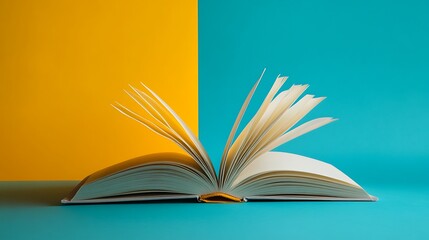 Open Book with White Pages Against Yellow and Turquoise Background Still Life