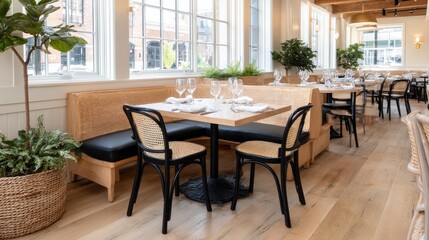 Chic dining area showcases a rectangular table surrounded by elegant black-backed chairs, with a light-filled environment highlighting warm, inviting tones