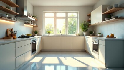 A clean and bright kitchen, sparkling appliances, freshly mopped floors, and a sunlit window , sanitation, tidy, chores