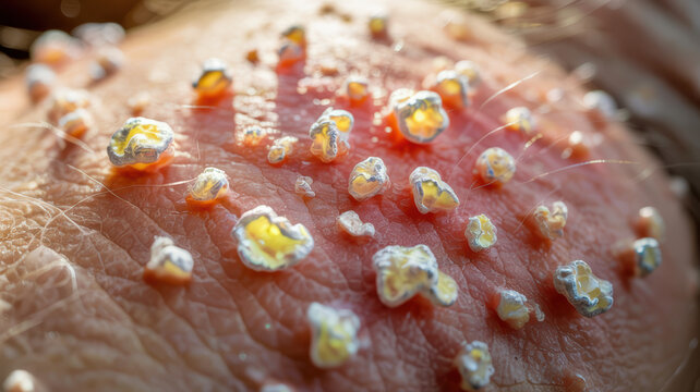 Scalp skin affected by fungus infection with inflamed bumps and yellowish pus on irritated surface causing discomfort and visible irritation