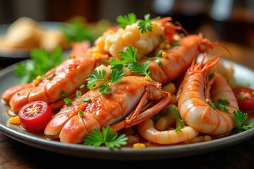 A lavish seafood buffet spread, showcasing an array of fresh seafood dishes , sashimi, seafood platter, bread