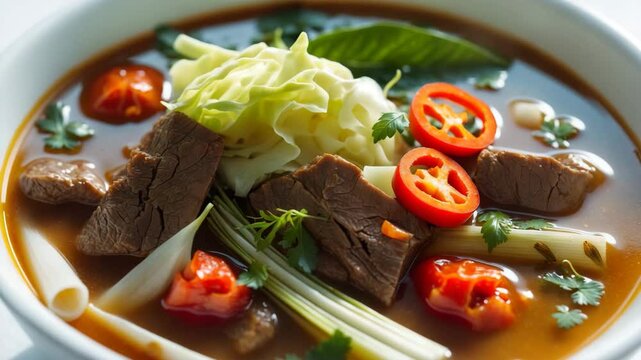 A soupy dish of Beef Tongseng without coconut milk, consisting of rich spices, spicy beef stew, vegetables, and sweet soy sauce. Served in a bowl. Close Up.