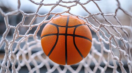 Orange ball above the hoop net, symbolizing success, scoring points, and winning, isolated on a transparent background.
