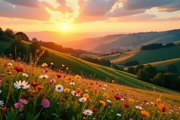 Golden hour light on rolling hills, vibrant wildflowers, texture, clouds, yellow