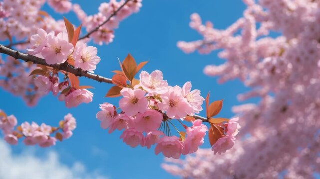 Beautiful and cute pink Kawazu Zakura (cherry blossom) on a blue sky backdrop. Kawazu, Shizuoka, Japan. Wallpaper background with copy space.