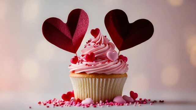 Tartlet or cupcake topped with meringue cream, decorated with hearts and candies. Clear space, pink background.