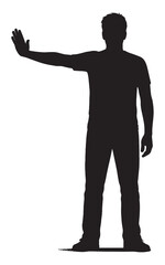 Isolated silhouette of man gesturing stop with hand, black and white stop sign, warning silhouette figure