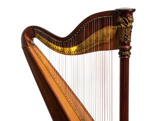 Dark Wood Harp with Golden Accents on White Background