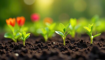 Newly planted flower bed with colorful seedlings, landscape, green
