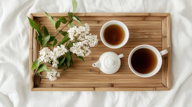 A bamboo tray with two cups of tea, a teapot, and white flowers on a white fabric background.