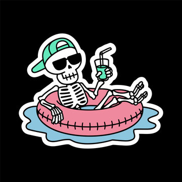 Skeleton Relaxing on Pool Float with Drink