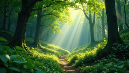 Fototapeta premium Untamed wilderness, lush green forest canopy, sunlight dappling through leaves , vegetation, green, ecosystem