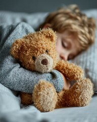Young Child Comfortably Sleeping with a Soft Teddy Bear Cuddled Close