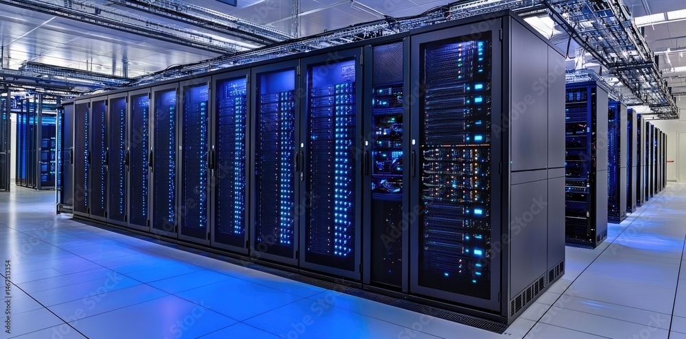 Poster Perspective view inside a bright blue server room with clean layout and glowing indicators on hardware cabinets, ideal for IT security and cloud systems