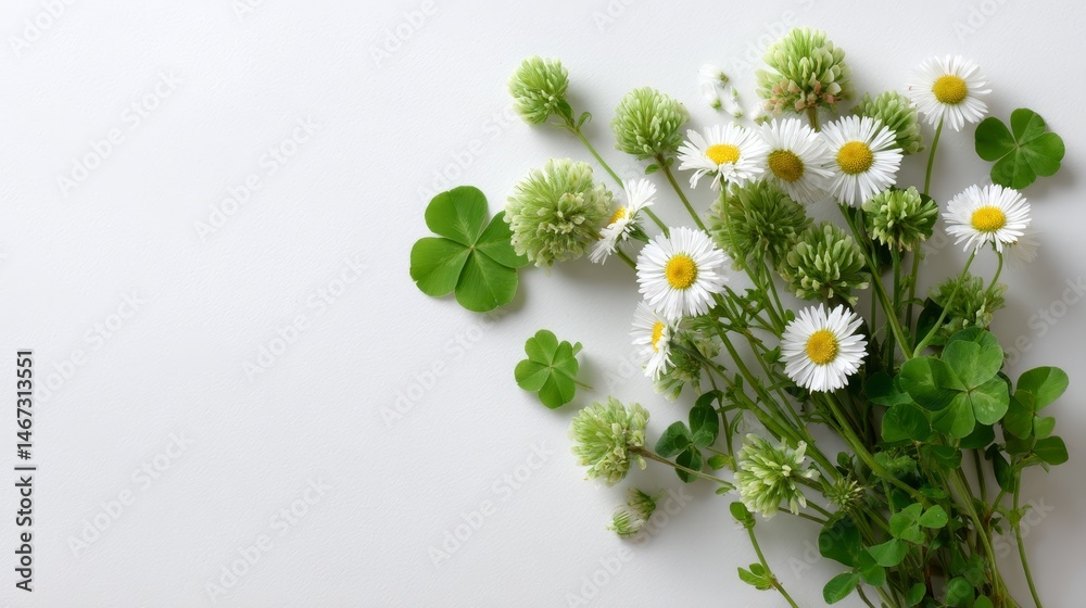 Poster delicate chamomile and clover blossoms beautifully frame a soft white canvas, providing an elegant a